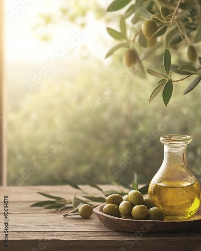 Olive oil in transparent glass bottle on wooden table. photo