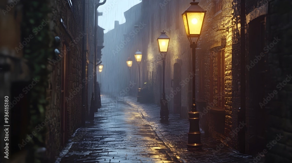 Charming Cobblestone Alley at Night with Glowing Lanterns and Historic Brick Buildings Charming Cobblestone Alley at Night with Glowing Lanterns and Historic Brick Buildings