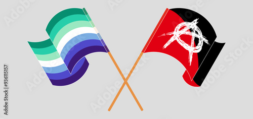 Crossed and waving flags of gay men pride and Anarchy