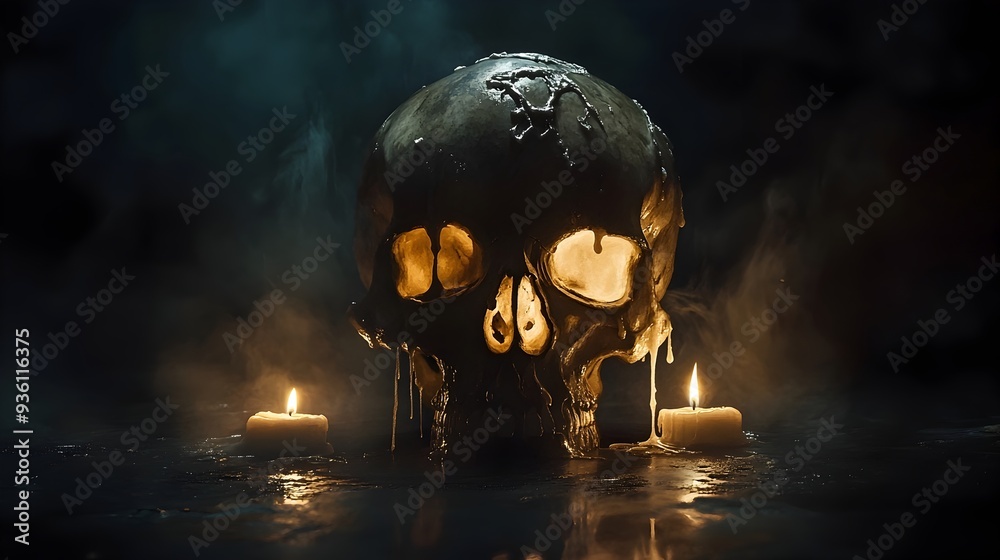 Surreal Skull Globe Surrounded by Candles in Mystic Atmosphere Surreal Skull Globe Surrounded by Candles in Mystic Atmosphere