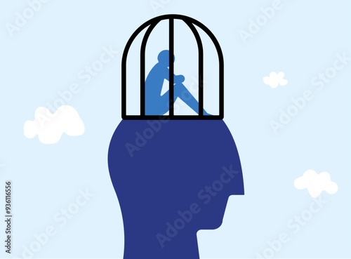 Mental captivity, man in trauma illustration