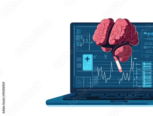 Digital of a brain on a laptop screen, showcasing medical data analysis and healthcare technology concepts.