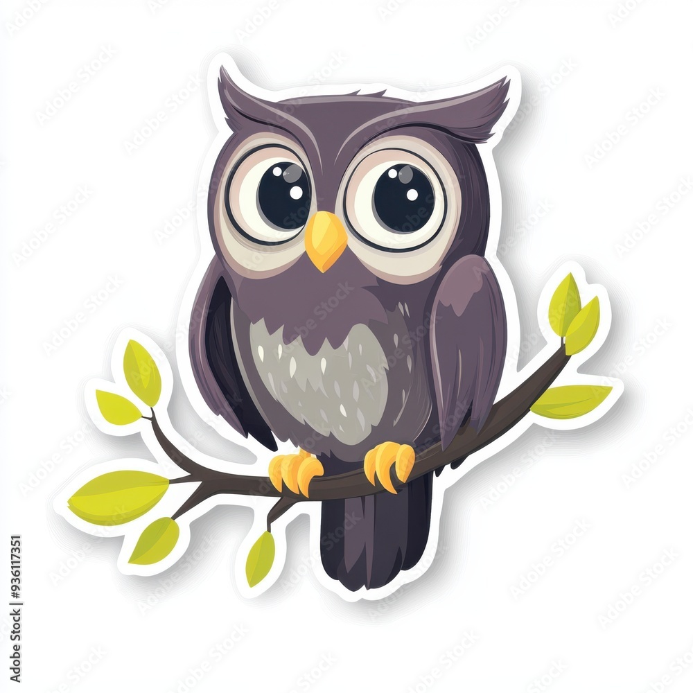 Sticker of a curious owl perched on a branch, flat vector illustration, on white background, digital sticker, clipart Sticker of a curious owl perched on a branch, flat vector illustration, on white background, digital sticker, clipart