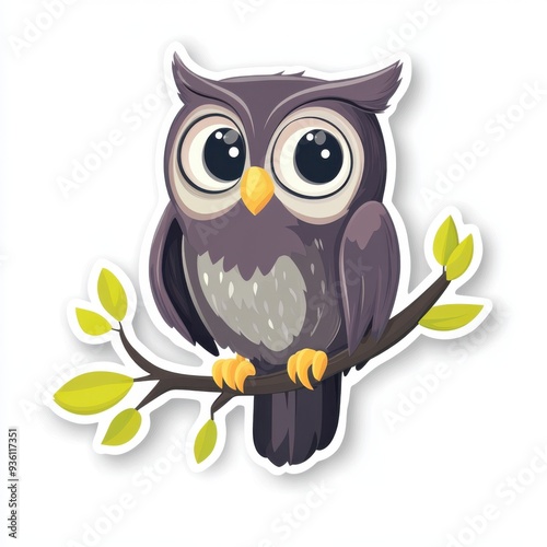 Sticker of a curious owl perched on a branch, flat vector illustration, on white background, digital sticker, clipart 