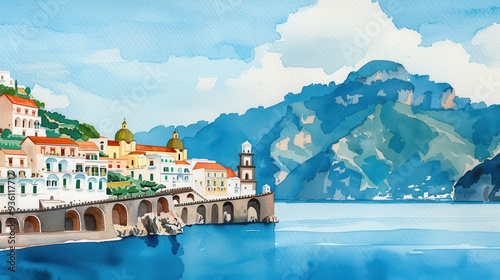 Watercolor of Amalfi Coast Village with Mountain View