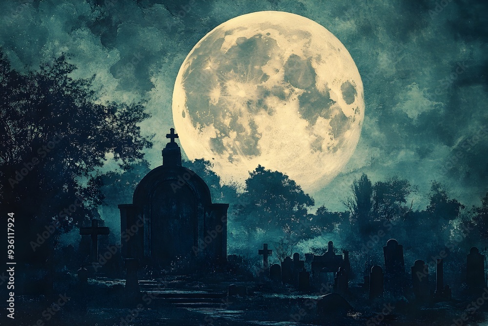 Obraz premium Enchanting Moonlit Cityscape with Gothic Silhouetted Architecture under Dramatic Cloudy Night Sky