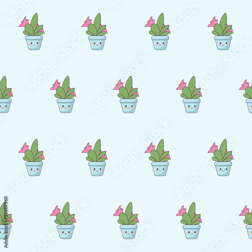 Doodle Flower and Pot Cartoon Seamless Pattern Background. Abstract Cute Kawaii Baby Textile Swatch Design. Bright Domestic Floral Plant in Vase Decorative Element Symbol Silhouette Fabric Print.