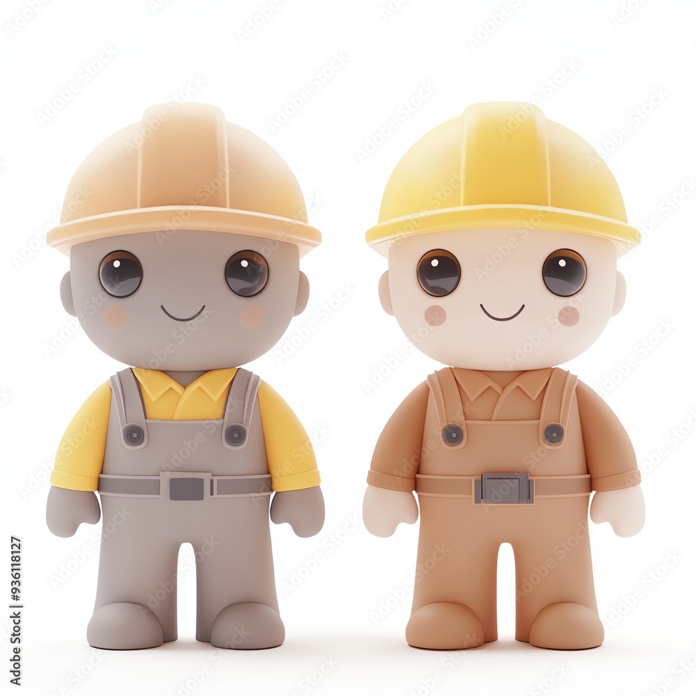 Two cheerful cartoon construction workers wearing safety helmets and overalls, ideal for children's themes and educational materials. Two cheerful cartoon construction workers wearing safety helmets and overalls, ideal for children's themes and educational materials.