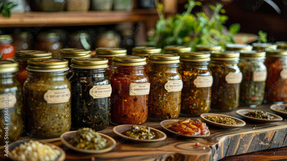 A vibrant display of various sauces in glass jars arranged on a rustic wooden table. The jars contain colorful, flavorful sauces, creating a visually appealing and appetizing presentation. A vibrant display of various sauces in glass jars arranged on a rustic wooden table. The jars contain colorful, flavorful sauces, creating a visually appealing and appetizing presentation.