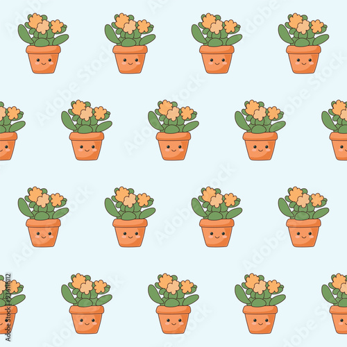 Doodle Flower and Pot Cartoon Seamless Pattern Background. Abstract Cute Kawaii Baby Textile Swatch Design. Bright Domestic Floral Plant in Vase Decorative Element Symbol Silhouette Fabric Print.
