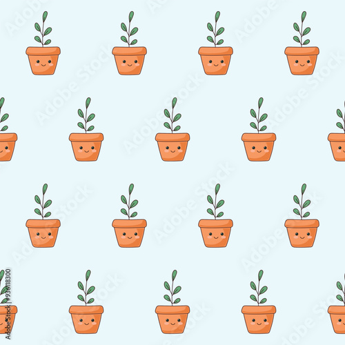 Doodle Flower and Pot Cartoon Seamless Pattern Background. Abstract Cute Kawaii Baby Textile Swatch Design. Bright Domestic Floral Plant in Vase Decorative Element Symbol Silhouette Fabric Print. photo