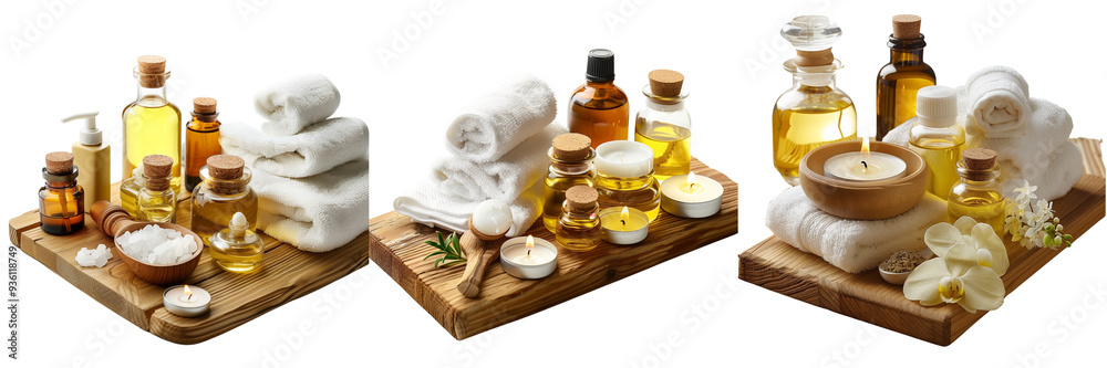 Set of serene spa scene, featuring a beautifully arranged set of skin treatment products on a wooden table, with soft towels, isolated on a transparent background Set of serene spa scene, featuring a beautifully arranged set of skin treatment products on a wooden table, with soft towels, isolated on a transparent background