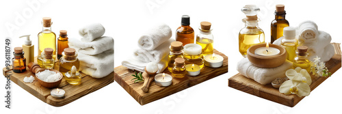 Set of serene spa scene, featuring a beautifully arranged set of skin treatment products on a wooden table, with soft towels, isolated on a transparent background