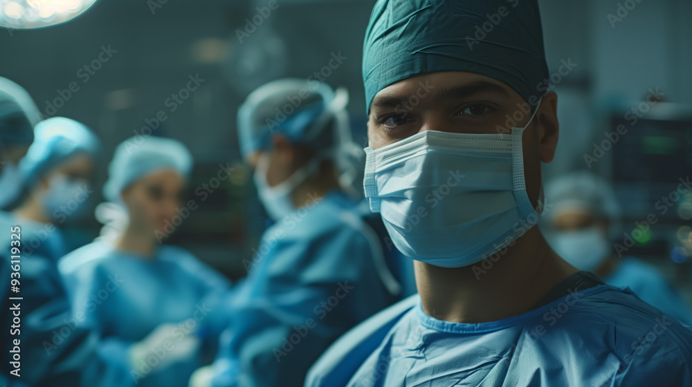 A male doctor in a blue surgical suit and mask stands in a hospital corridor, close-up shot, blurred busy emergency room background, hyper-realistic, soft light. A male doctor in a blue surgical suit and mask stands in a hospital corridor, close-up shot, blurred busy emergency room background, hyper-realistic, soft light.