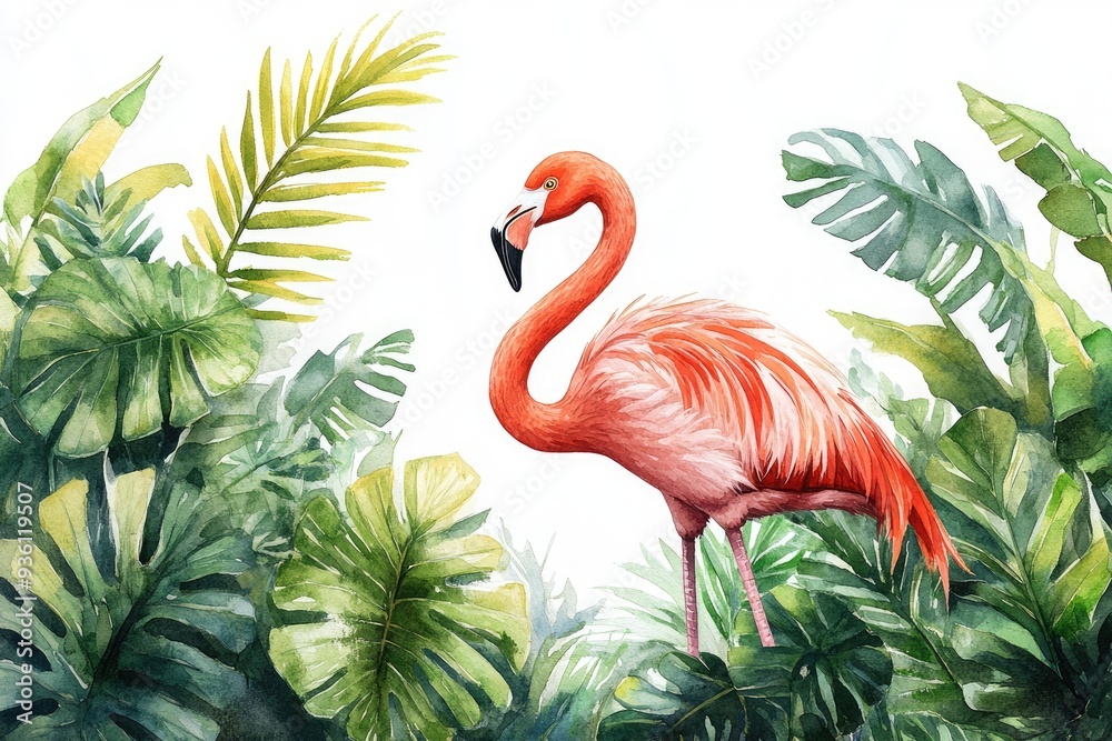 Fototapeta premium Watercolor Painting of a Flamingo Standing Among Lush Tropical Foliage
