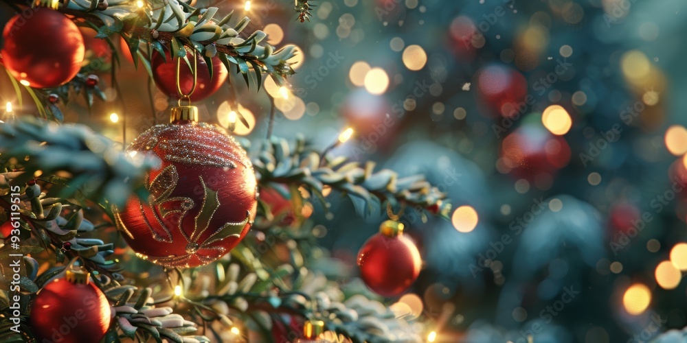Christmas Tree with Red Ornaments and Fairy Lights