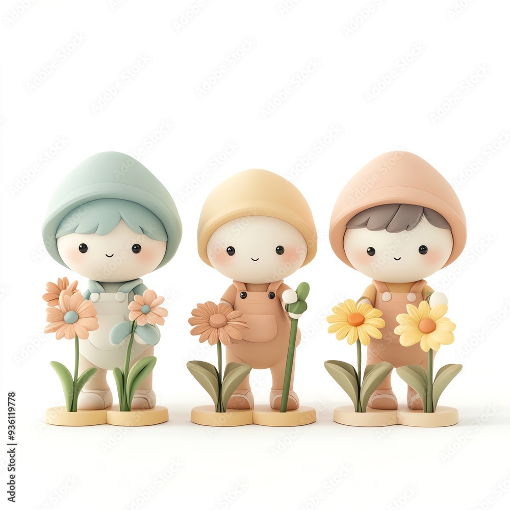 Charming figurines of children with flowers, featuring pastel colors and a whimsical design, perfect for playful decor. Charming figurines of children with flowers, featuring pastel colors and a whimsical design, perfect for playful decor.