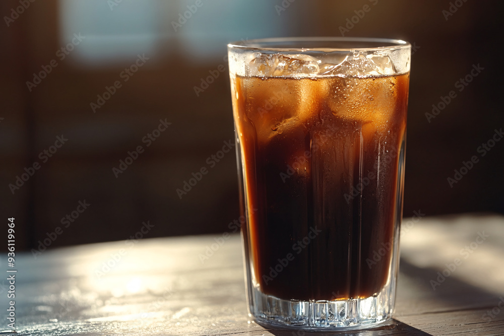 A glass of dark coffee sits on a wooden table A glass of dark coffee sits on a wooden table
