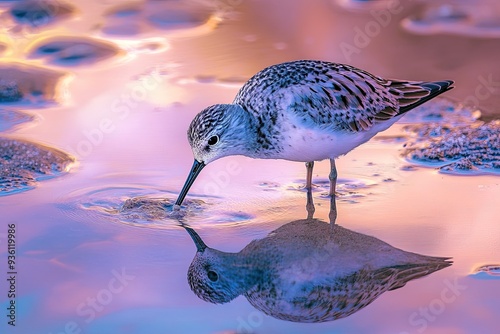  a sandpiper reflection is captured in tide pools