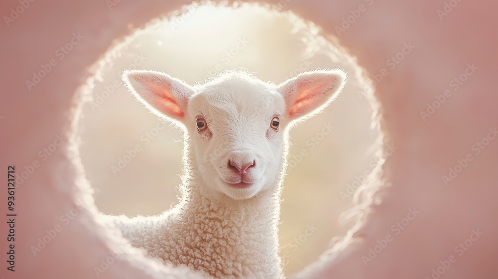 Fototapeta premium A fluffy white lamb peeks through a hole in a pink surface, bathed in warm sunlight.