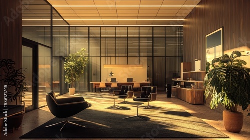 Modern Lobby with Glass Walls, Wooden Accents, and Sunlit Area Rug photo