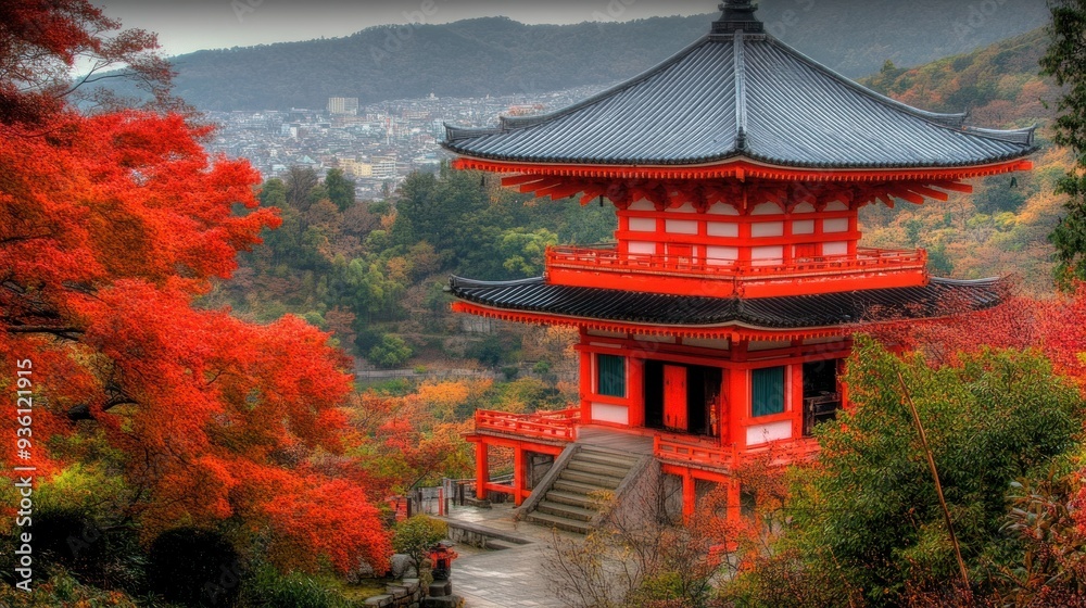 Japanese Pagoda Surrounded by Autumn Foliage
