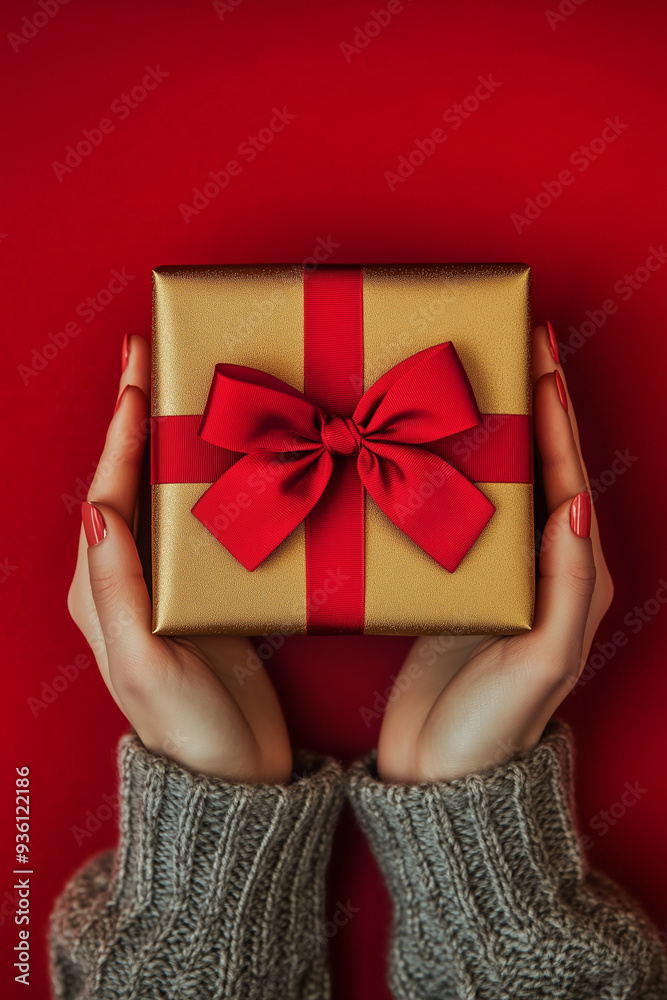 Female hands holding Christmas Birthday party or happy valentine’s gift box with red ribbon Female hands holding Christmas Birthday party or happy valentine’s gift box with red ribbon