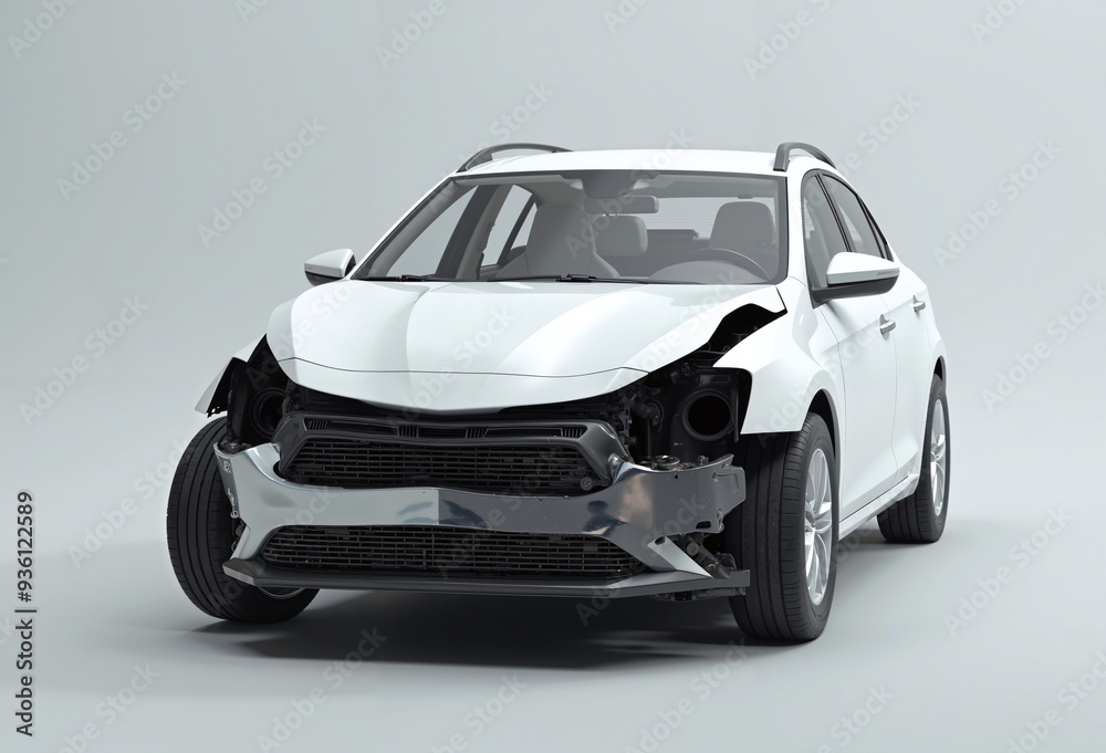 Naklejka premium Front of white modern car crash accident isolated on white background. protect, insure, broken, damaged, copy space, life insurance, 3d rendering 