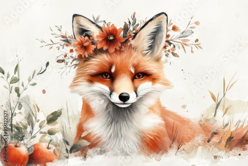 Fototapeta Naklejka Na Ścianę i Meble -  A Red Fox with a Floral Crown and Apples in Watercolor Style