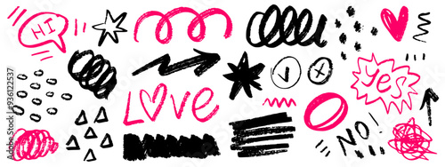 Set of graffiti girly style collage elements. Hand drawn charcoal doodle collection. Pencil drawn shapes of arrow, scribbles, squiggles, calligraphy words on white backdrop.