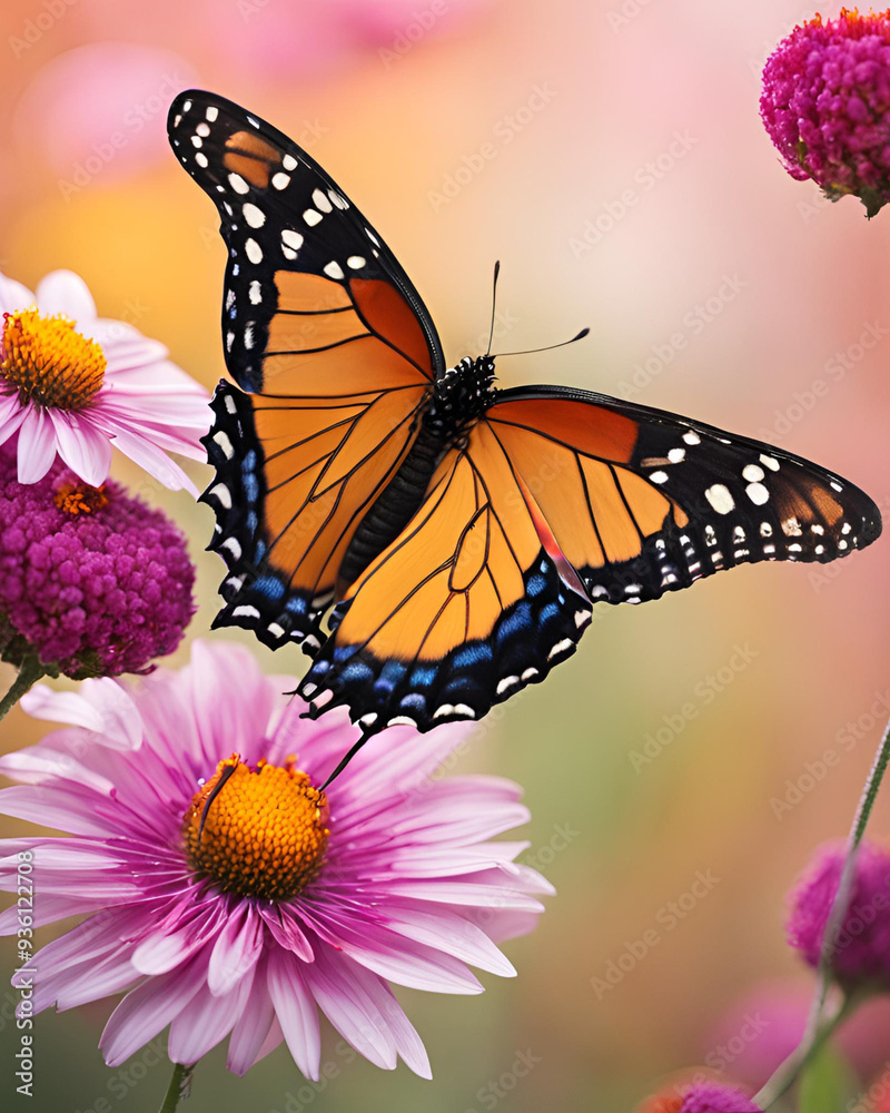 Naklejka premium butterfly on purple bloom, close-up of butterfly on floral, purple flower with colorful butterfly, butterfly on petal detail, purple flower and butterfly macro, butterfly on vibrant floral, purple 