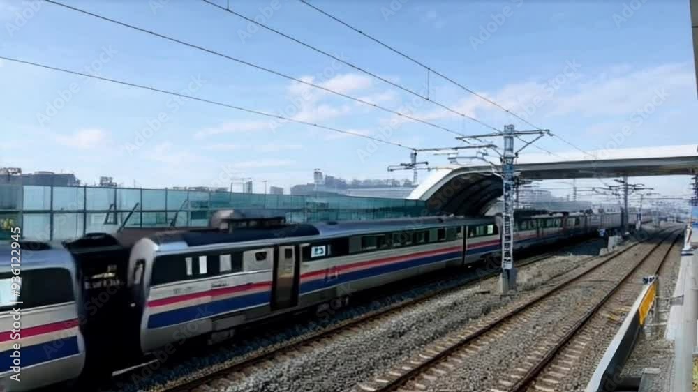 A moving train at a station on the railway tracks with a locomotive and passenger cars, showcasing transportation and travel in a city setting. A moving train at a station on the railway tracks with a locomotive and passenger cars, showcasing transportation and travel in a city setting.
