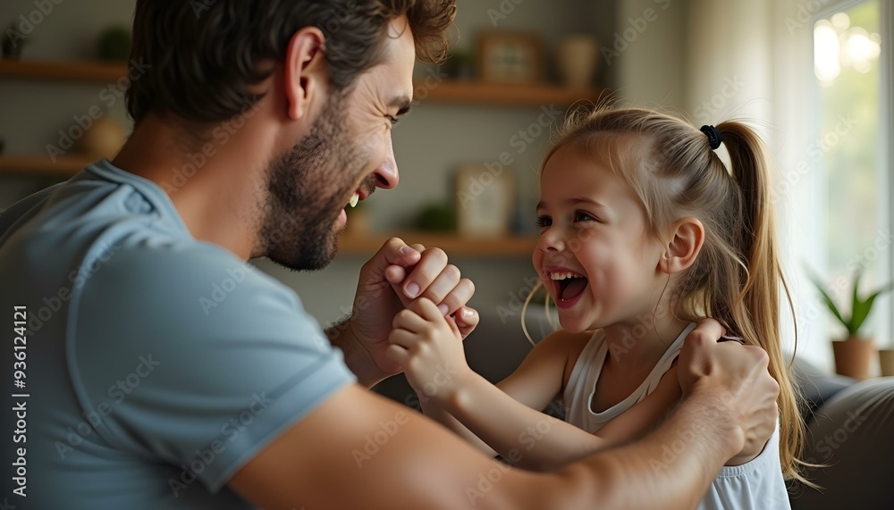 Happy father arm wrestling with daughter at home, happy family, Happy father arm wrestling with daughter at home, happy family,