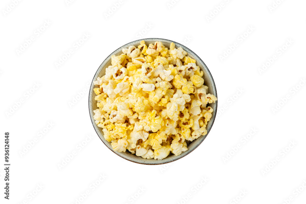 Salted popcorn isolated on white background. Cinema and entertainment concept. Movie night with popcorn. Delicious appetizer, snack. Salted popcorn isolated on white background. Cinema and entertainment concept. Movie night with popcorn. Delicious appetizer, snack.