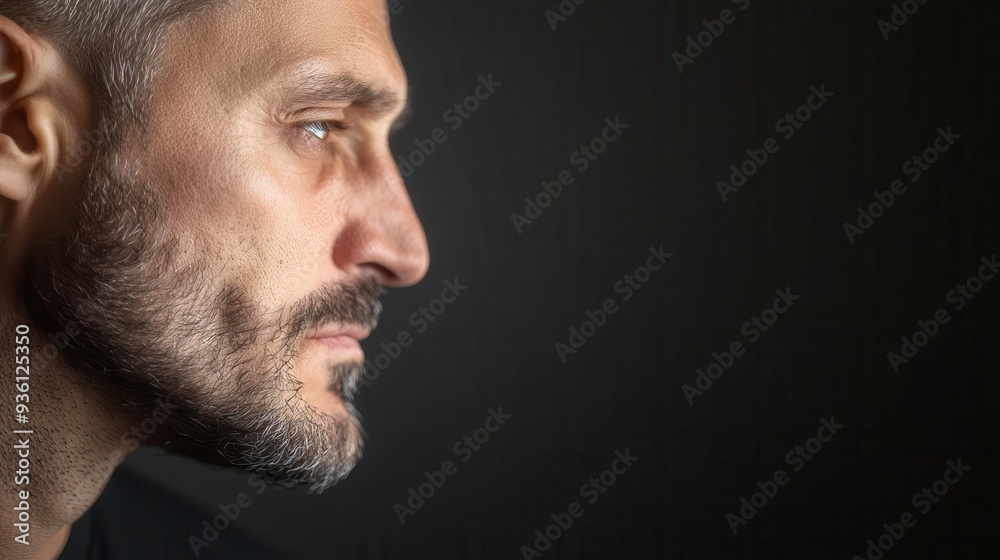 Man grimacing, head slightly tilted, eyes squinting, mouth turned down in revulsion, sharp side lighting Man grimacing, head slightly tilted, eyes squinting, mouth turned down in revulsion, sharp side lighting