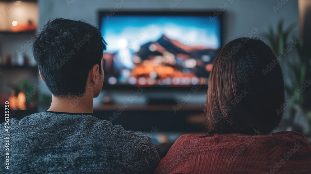 A couple unwinds together at home, engrossed in a streaming show on their television while enjoying each other's company A couple unwinds together at home, engrossed in a streaming show on their television while enjoying each other's company