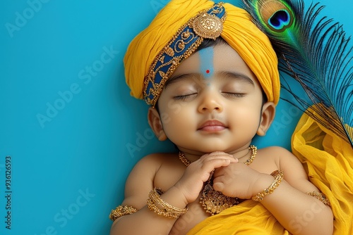 A cute little baby Krishna with a peacock feather, peacefully sleeping, representing the Hindu god Lord Krishna during Krishna Janmashtami and Govardhan Puja.
 photo