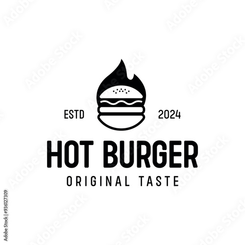 Fast Food Hot Burger Vector Flat  Logo Design. Simple Burger Symbol for Cafe, Bar, Restaurant, Menu, Banner, Web.	Fire, Flame, Grill Symbol.