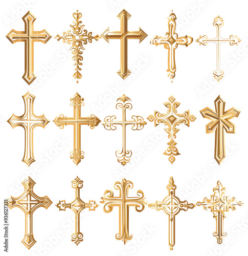 Set of vector icons, each depicting different types and shapes of golden crosses on isolated on a white background as a cutout PNG file