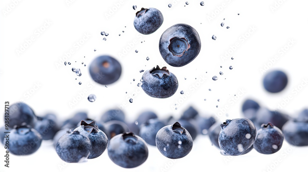 Fresh blueberries falling through the air with water droplets on a white background. Fresh blueberries falling through the air with water droplets on a white background.