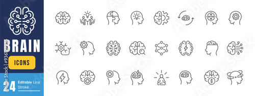 Set of Brain Related Vector Line Icons. Contains such Icons as mind, brainstorming, head, neuron, cognition, thinking, intelligence and more. Editable Stroke.