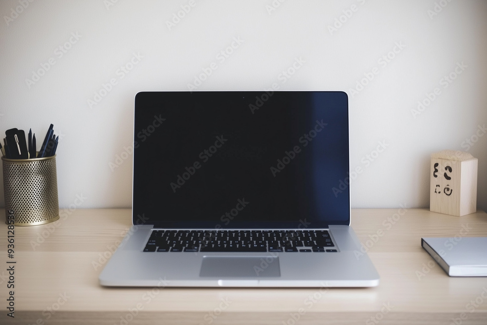 A laptop is open on a desk with a pen and a small wooden box A laptop is open on a desk with a pen and a small wooden box