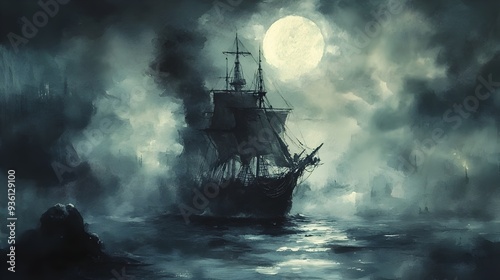 Wallpaper Mural Haunting Sailboat in Stormy Moonlit Sea   Dramatic Supernatural Seascape Scenery Torontodigital.ca