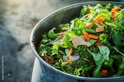 Freshly prepared salad in a metal bowl, vibrant greens mixed with colorful vegetables, perfect for healthy eating or cooking. photo