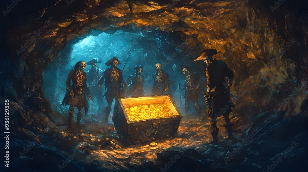 Fototapeta premium Team Discovering Glimmering Treasure Chest in Mysterious Cave