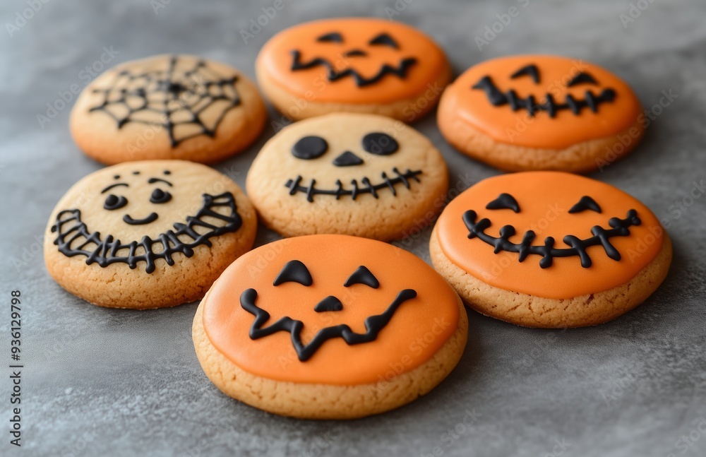 Halloween character cookies on a grey background, colorful and creatively decorated, various spooky faces Halloween character cookies on a grey background, colorful and creatively decorated, various spooky faces
