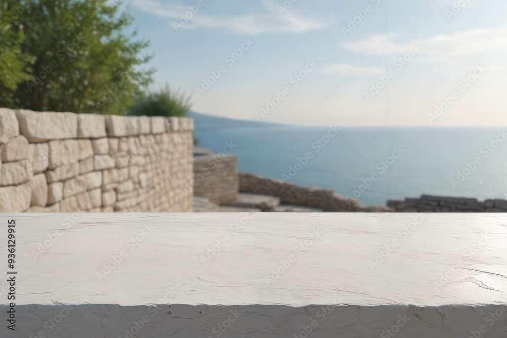 Empty white stone table photo for product with white stone house wall background, Empty white stone table photo for product with white stone house wall background,