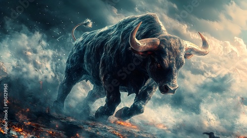 Charging Mythological Bull Like Creature in Dramatic Stormy Landscape photo