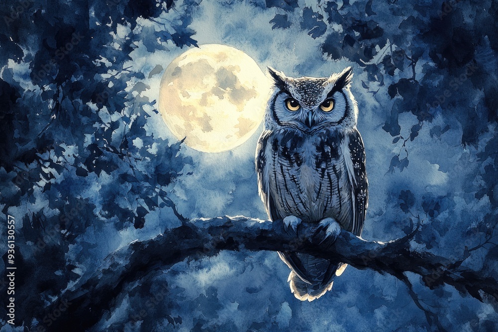 Watercolor Owl Perched on a Branch Under a Full Moon Watercolor Owl Perched on a Branch Under a Full Moon