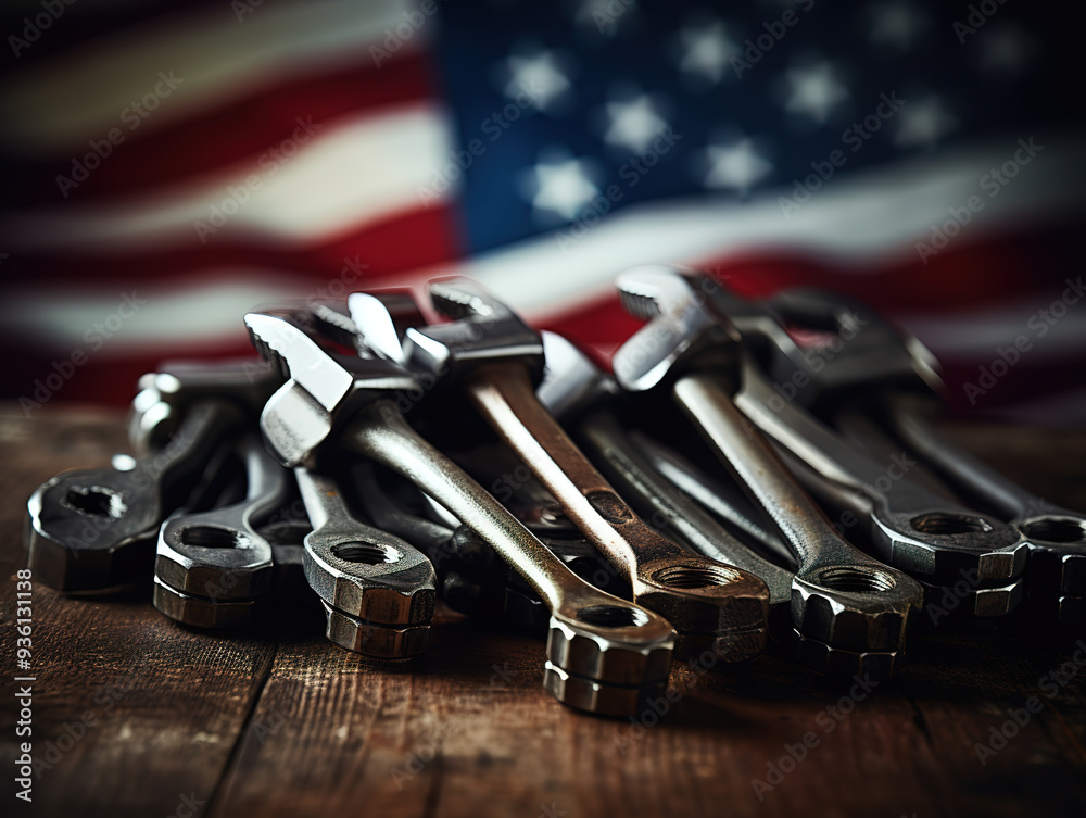 Fototapeta premium Attractive Construction tools with copy space for labor day